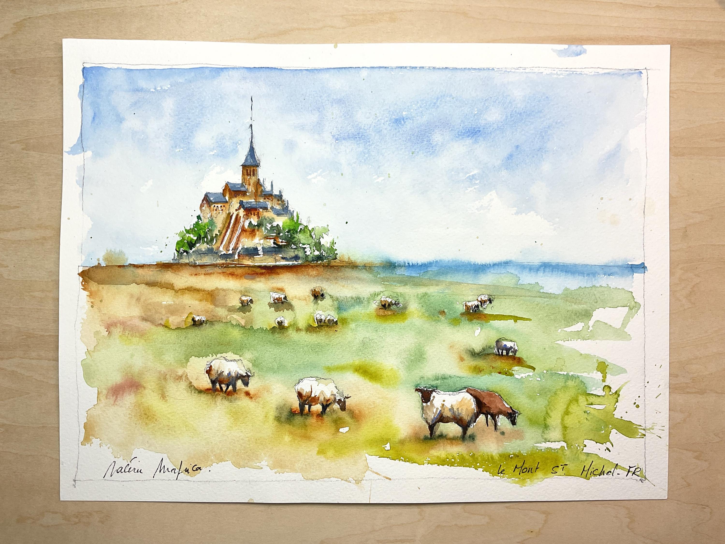 水彩画で描かれたモン・サン・ミシェル、羊のいるノルマンディーのモン
