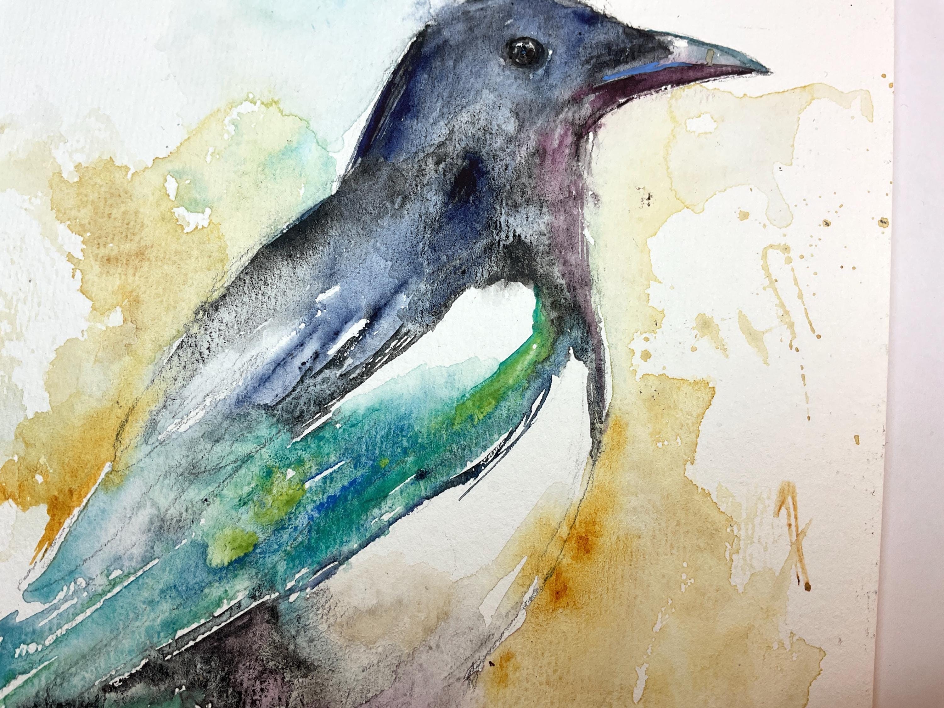 オリジナルの水彩画に描かれたカササギ、庭の鳥の芸術、白黒の野鳥の絵