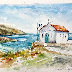 Original watercolor painting of Chora chapel on Andros island in Greece, painting of small Greek church on Cyclades, travel trip tourism