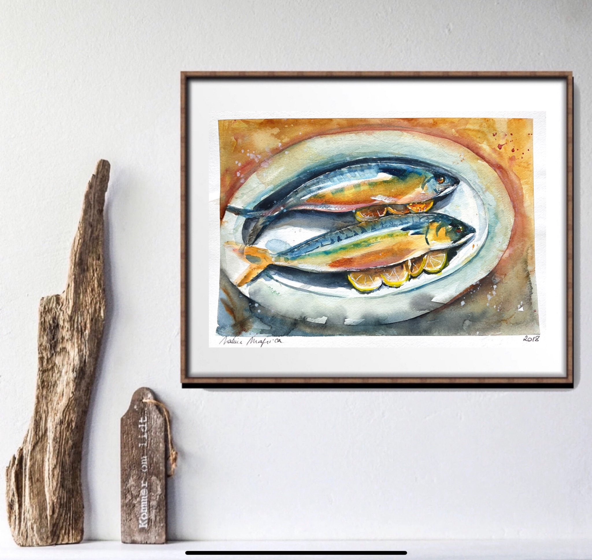 サバの魚のオリジナル水彩画、キッチンの静物画の装飾、料理用の魚の