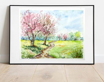 【真作】絵画　水彩3号　春爛漫　丘陵に咲く桜　春の風景　自然の息吹　V116 ピンクのリンゴの花の水彩画、春の自然の風景、春に花が咲く果樹