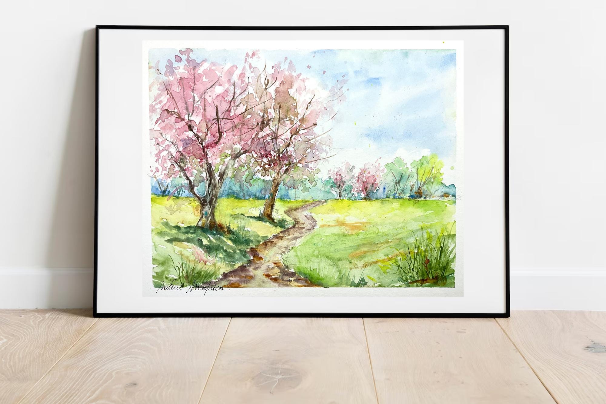 処分SALE！　春花のメロディー　水彩画　大きな絵 ピンクのリンゴの花の水彩画、春の自然の風景、春に花が咲く果樹園の