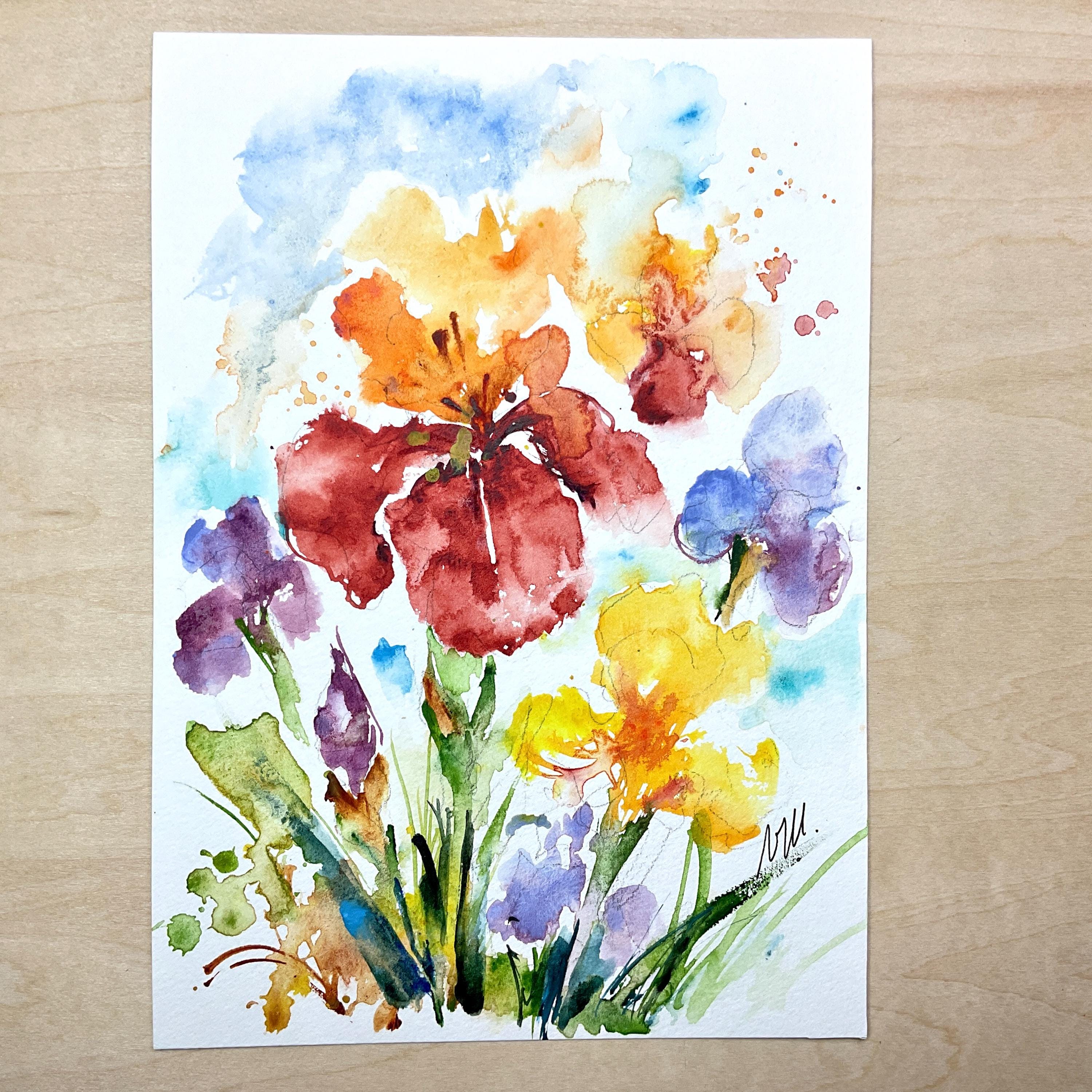 庭に咲く色とりどりのアヤメを描いたオリジナルの水彩画。春には鮮やか