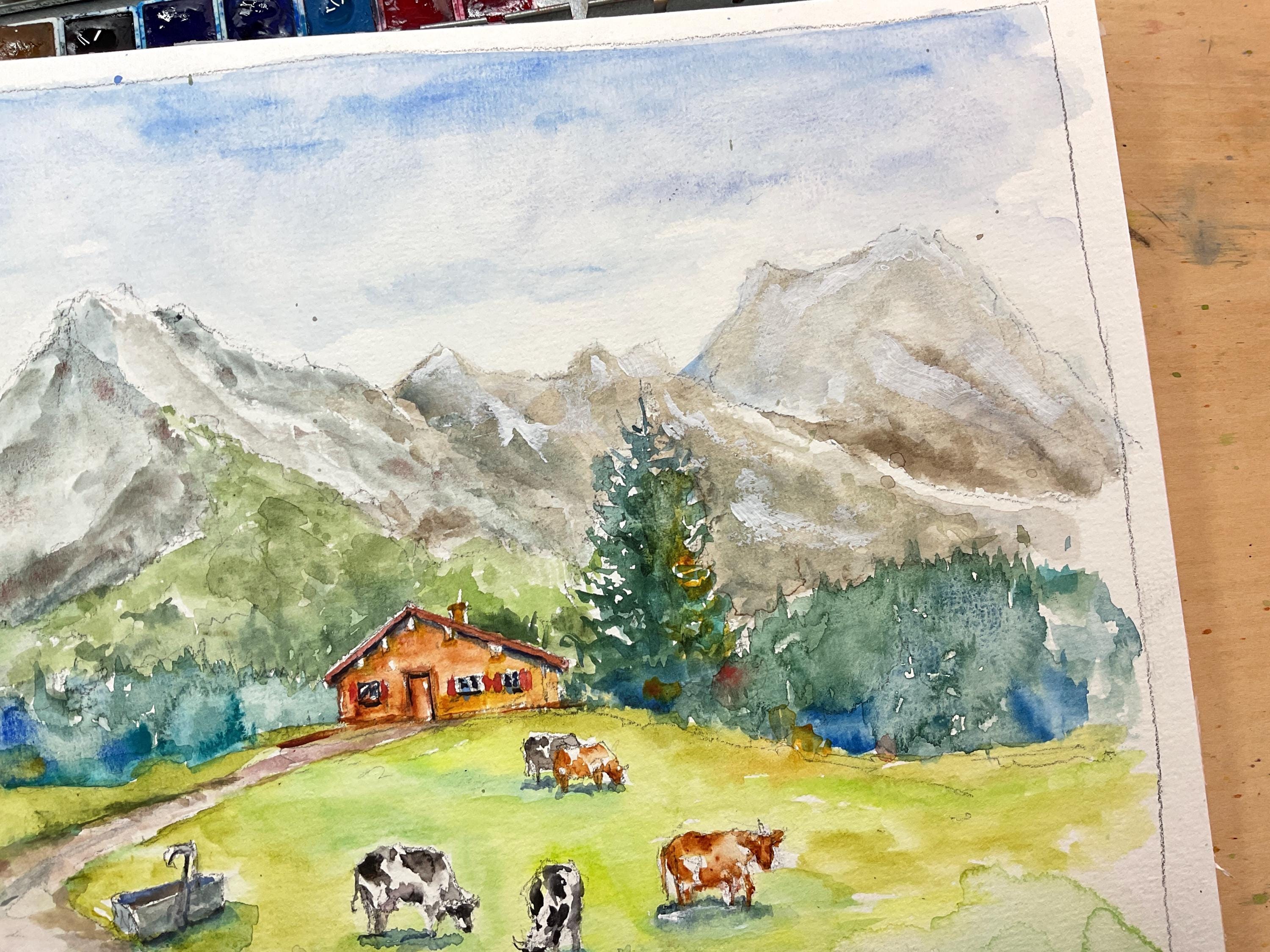 夏の山のオリジナル水彩画、山の風景画、アルプスの水彩画