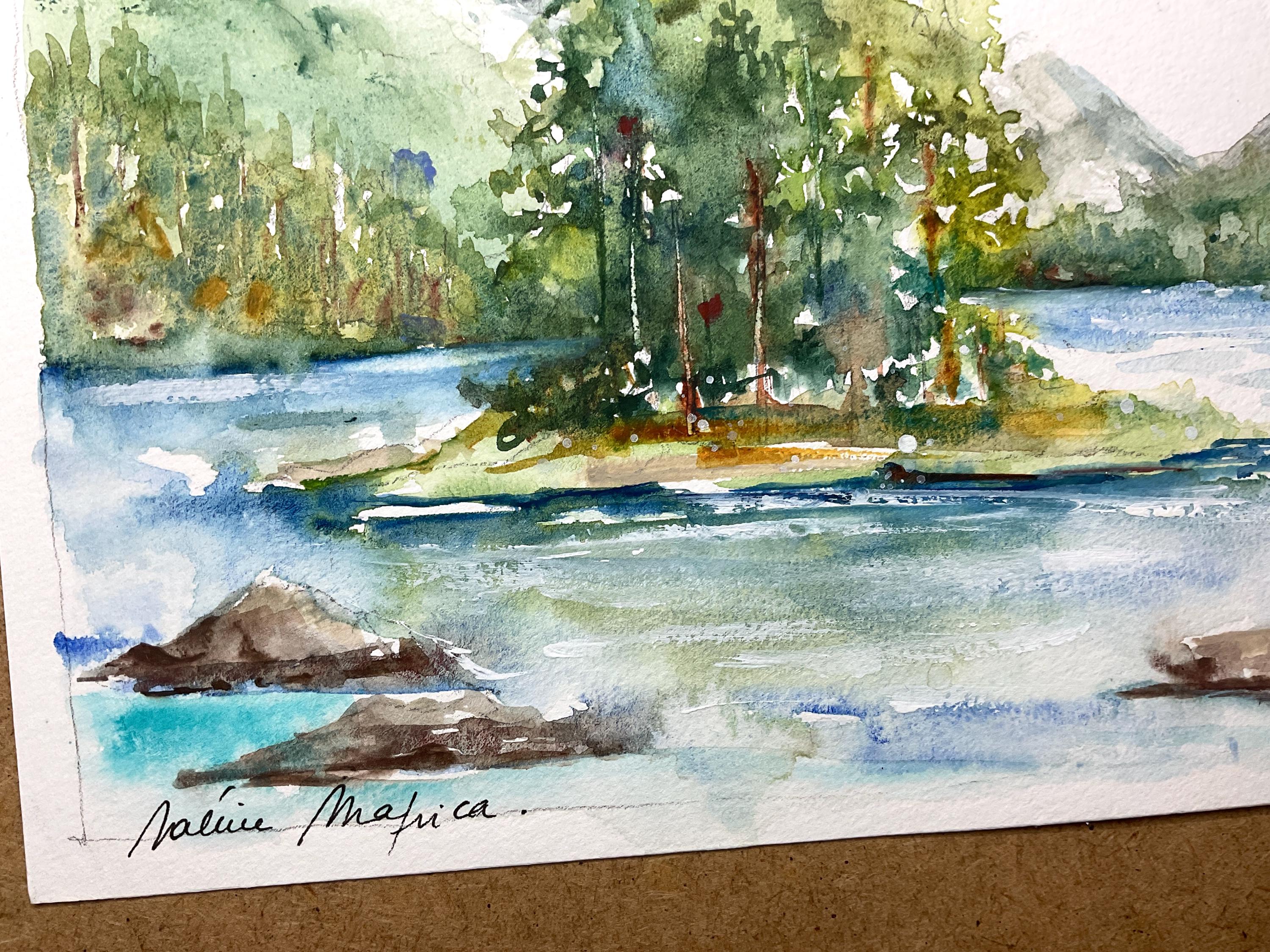 湖畔のモミ林の風景 - オリジナルの緑と青の水彩画 - 北欧の荒野