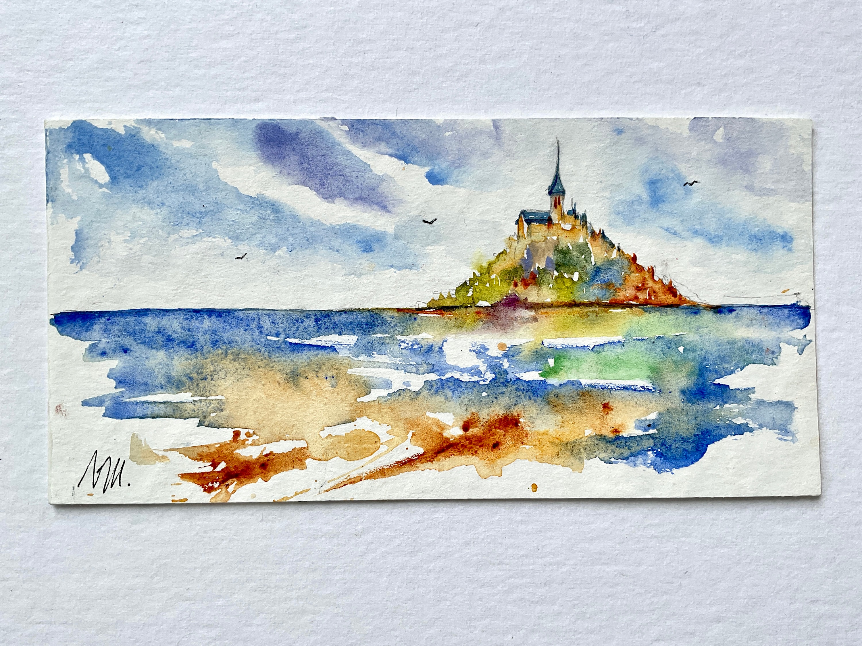 モン・サン・ミシェルのオリジナル水彩画ミニチュア、ノルマンディーの