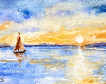 Peinture de coucher de soleil sur la mer, aquarelle originale d’un flamboyant et romantique coucher de soleil sur l’océan, ciel incandescent