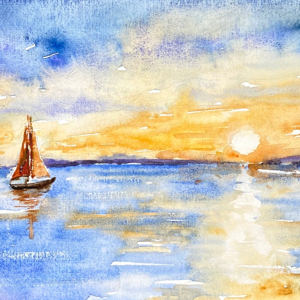 Peinture de coucher de soleil sur la mer, aquarelle originale d’un flamboyant et romantique coucher de soleil sur l’océan, ciel incandescent