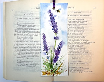 Lavender and bee bookmark, blue flower bookmark, original watercolor painting on bookmark, lavender decoration, bee and bumblebee on blossom