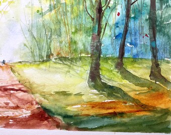 オリジナルの水彩画の森の風景 - 春の森の小道 - 犬との瞑想的な散歩