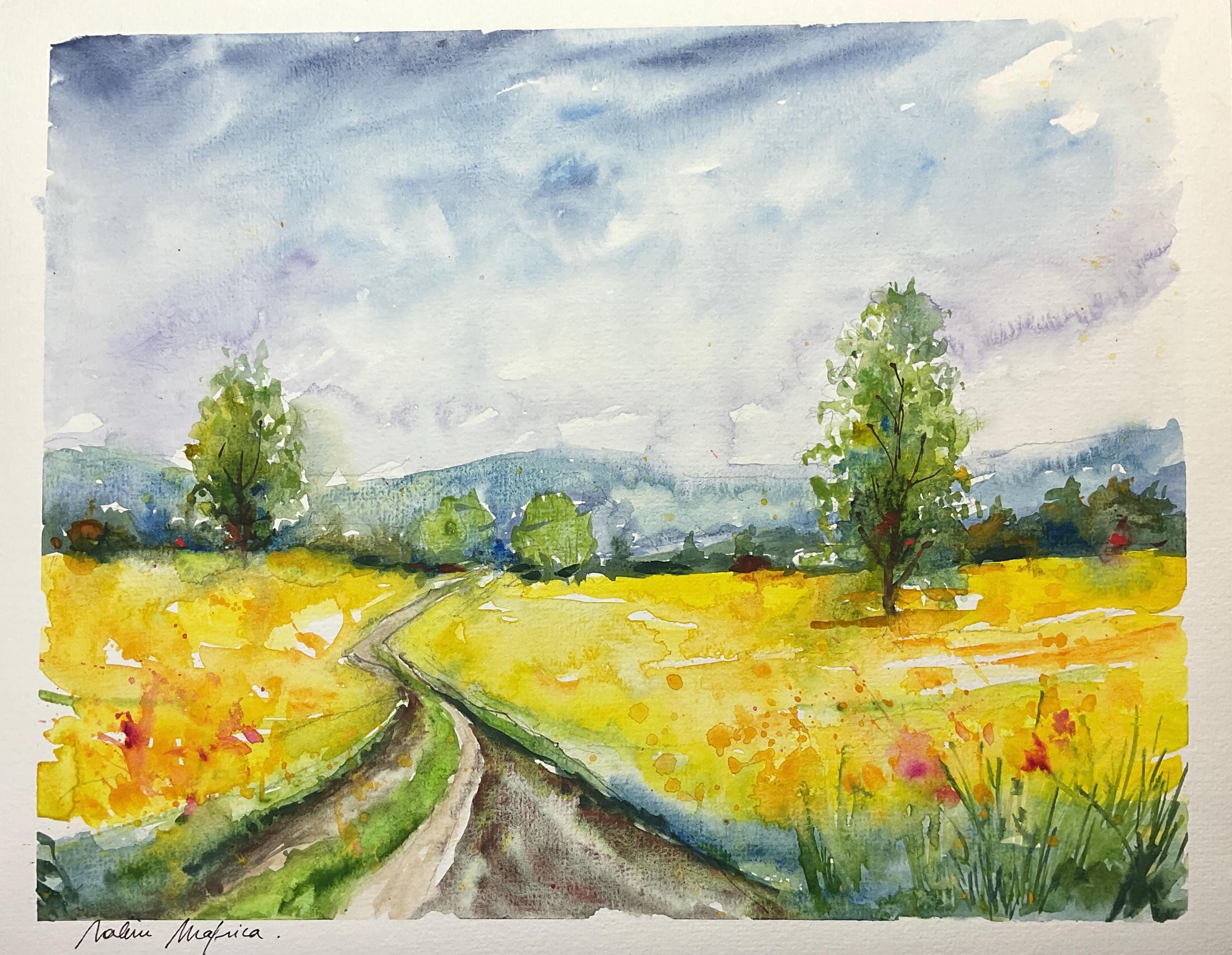オリジナルの水彩画で描かれた春の田園風景、明るい菜種畑とハイキング