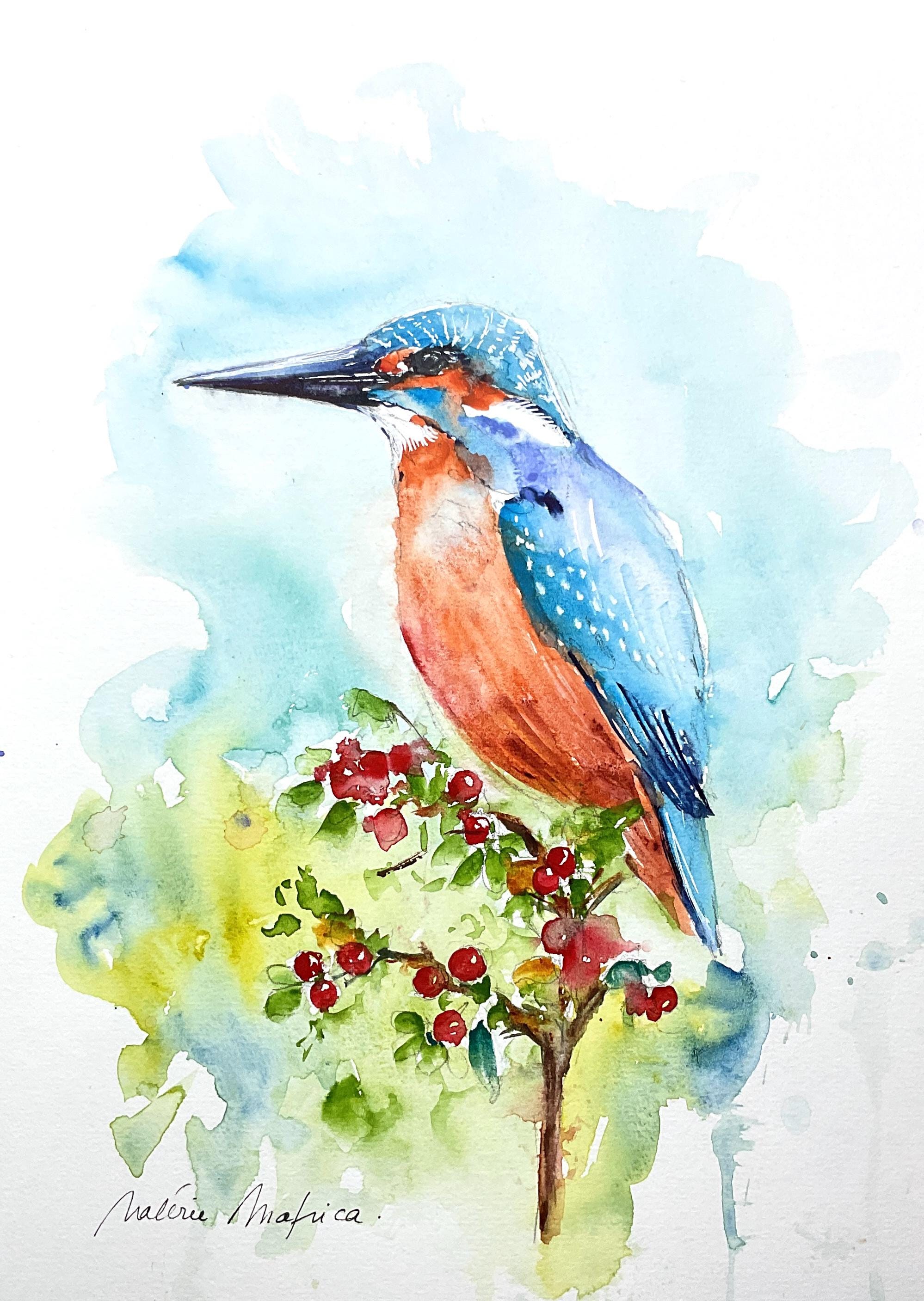カワセミのオリジナル水彩画、鳥類学の壁画、池や森の美しい色鮮やかな