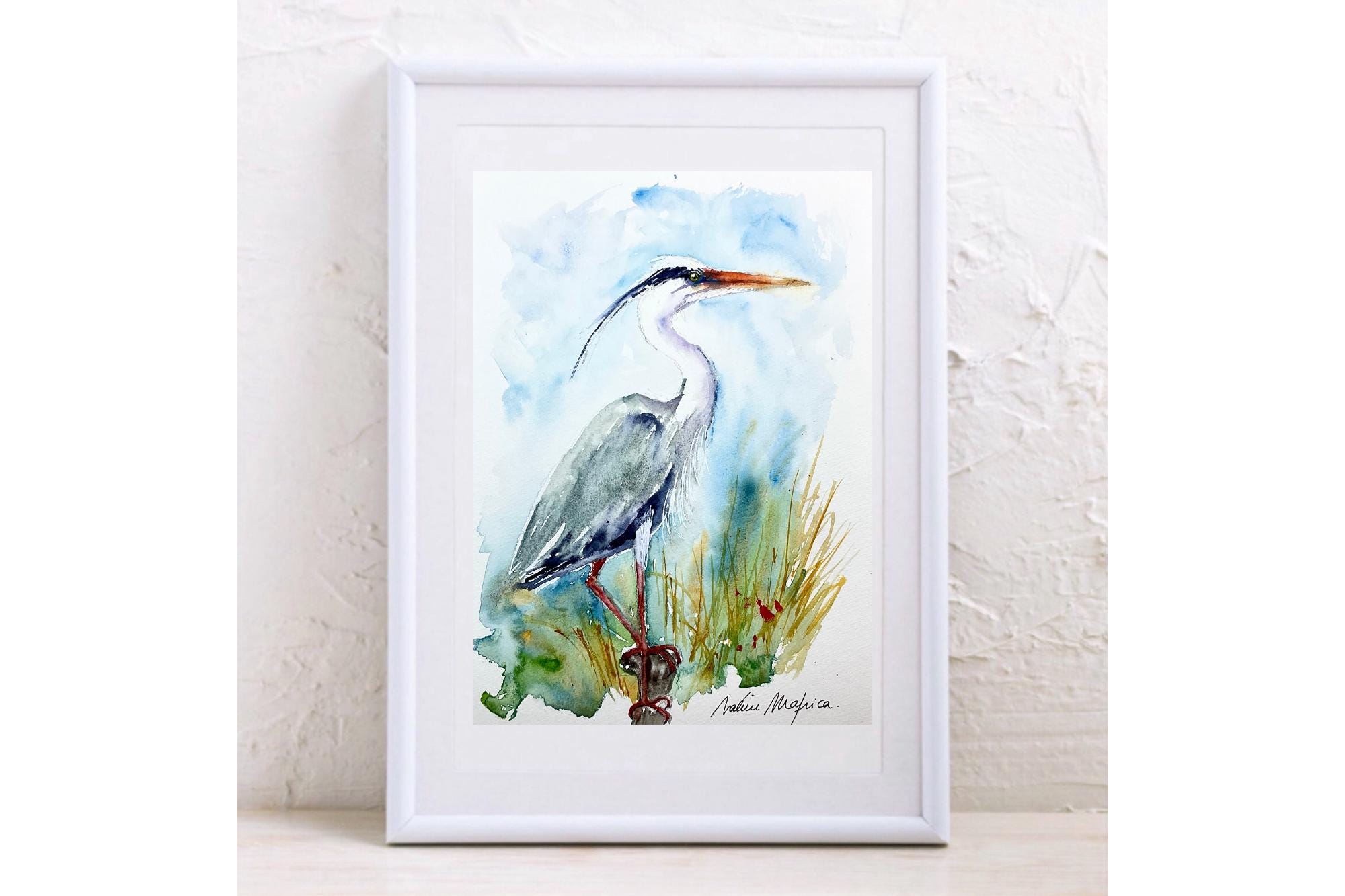 アオサギの絵画、アオサギのオリジナル水彩画、沼地や池の水鳥の絵画