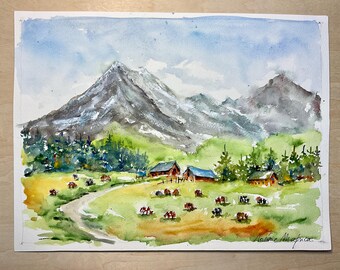夏の山のオリジナル水彩画、山岳風景画、アルプスの水彩画、アラビス