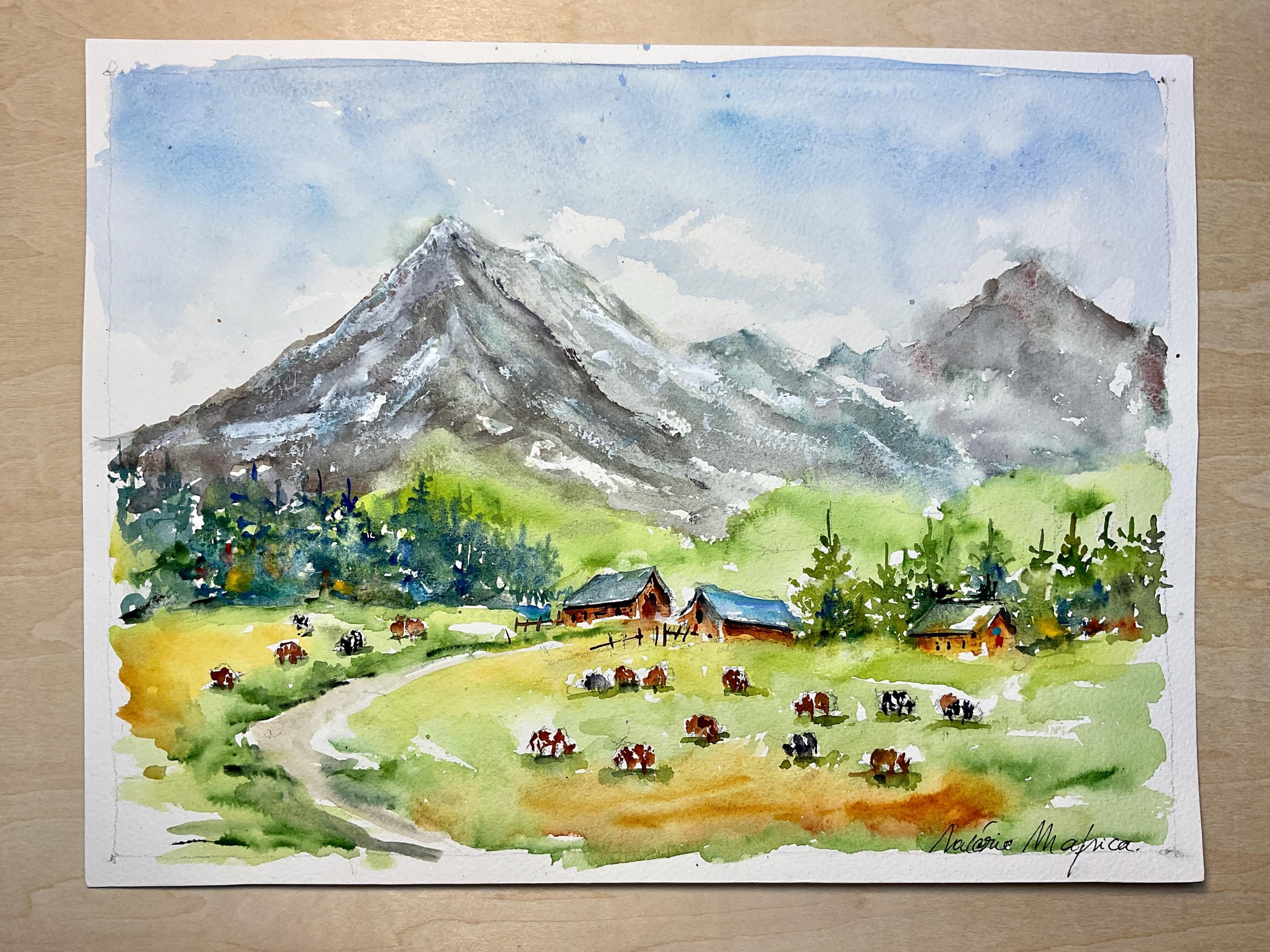 夏の山のオリジナル水彩画、山岳風景画、アルプスの水彩画、アラビス