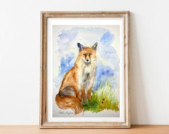 Original watercolor red fox, original painting of a fox, fox art, fox decoration, red fox illustration, little fox, vixen picture