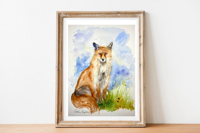 Original watercolor red fox, original painting of a fox, fox art, fox decoration, red fox illustration, little fox, vixen picture image 1