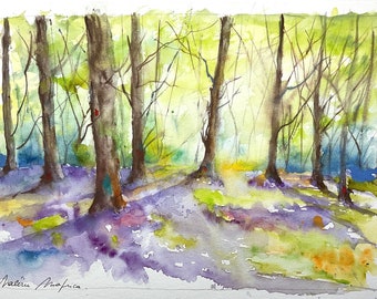 Original watercolor painting of forest in spring, painting of woodland violets and trees with soft green foliage, nature deco wall art, path