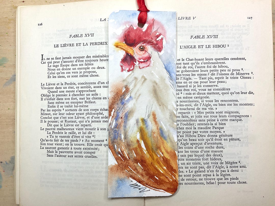 Marque-page aquarelle originale de coq, signet pour livre dessin