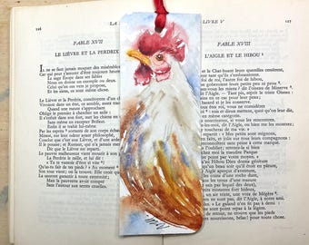 Marque-page aquarelle originale de coq, signet pour livre dessin