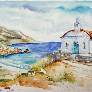 Acquerello originale della cappella di Chora sull'isola di Andros in Grecia, dipinto di una piccola chiesa greca nelle Cicladi, viaggio turistico