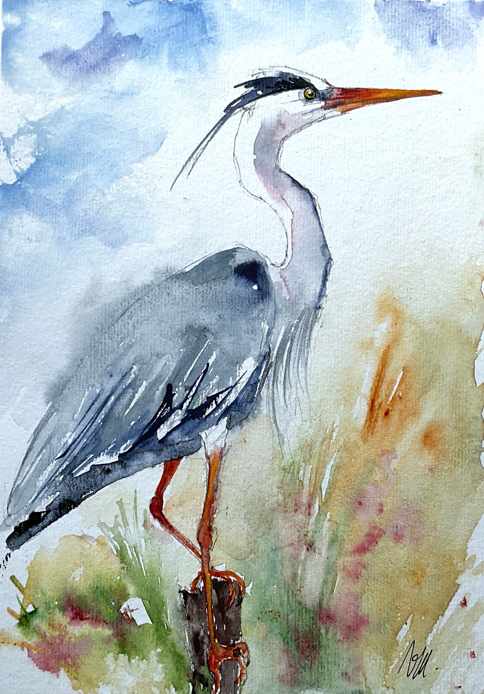 アオサギの絵、アオサギのオリジナル水彩画、沼地と池の渉禽類の