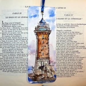 Watercolor lighthouse bookmark, original painting of the Ile de Sein lighthouse, bookmark, gift for reader, « La Vieille » famous lighthouse
