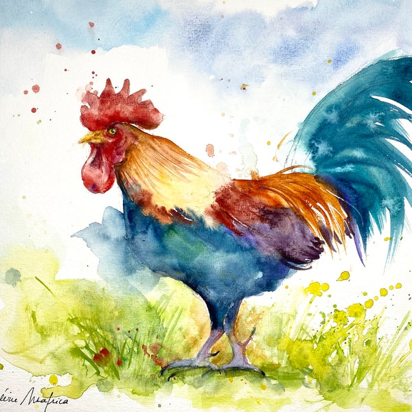 A rooster, farmyard bird painting, original watercolor, country decor, illustration of a rooster, impressionist painting of a bird, chicken