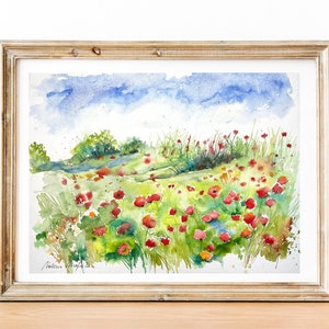 Paisaje de campos de amapolas, acuarela original de amapolas, naturaleza en verano, prados de flores y montones de paja, arte de amapolas imagen 9