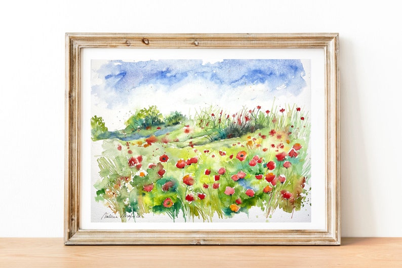 Paisaje de campos de amapolas, acuarela original de amapolas, naturaleza en verano, prados de flores y montones de paja, arte de amapolas imagen 9