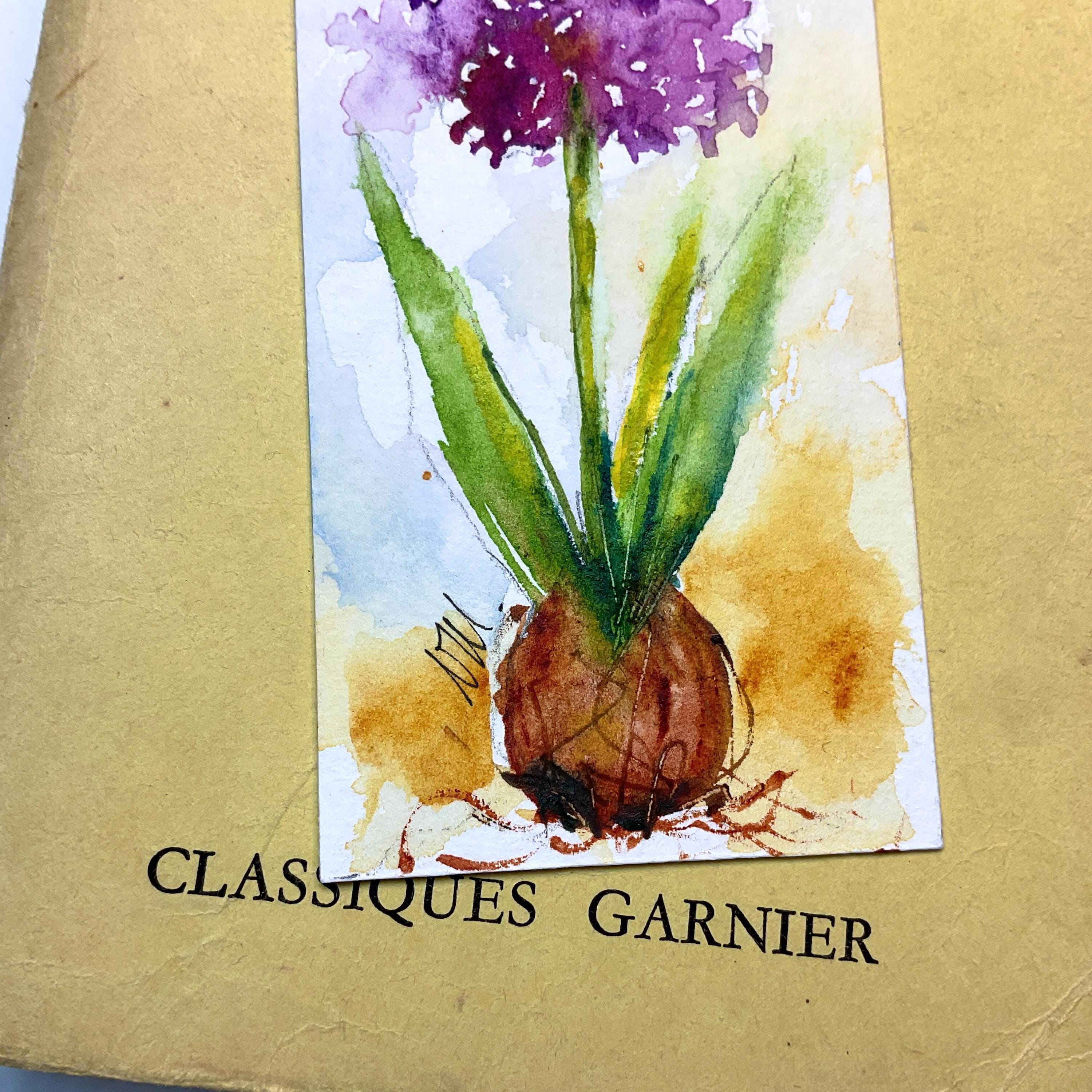 手描きの紫色のヒヤシンスのしおり、しおりに春の花の絵、紫色の