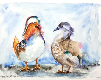 オシドリのつがいのオリジナル絵画、水かきのある鳥のオスとメスの恋の