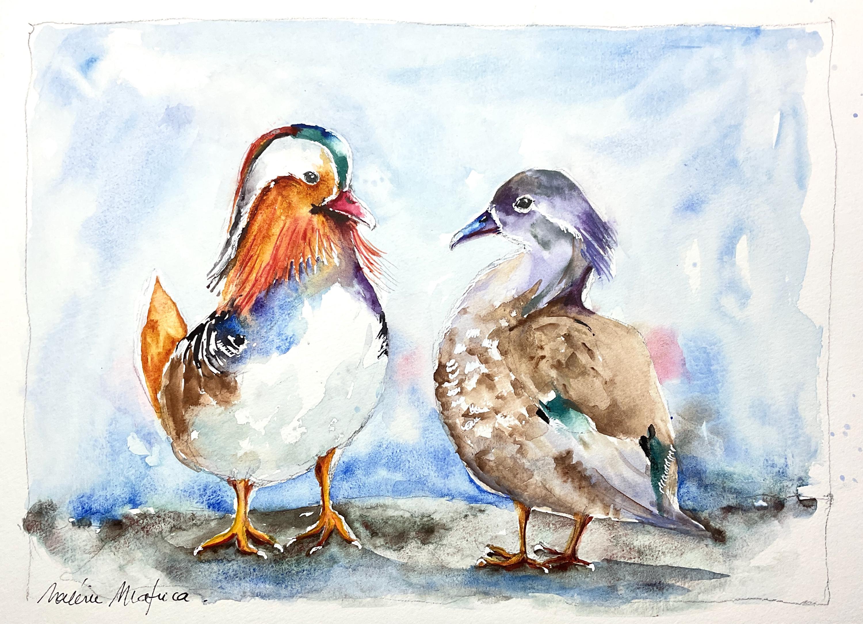 オシドリのつがいのオリジナル絵画、水かきのある鳥のオスとメスの恋の