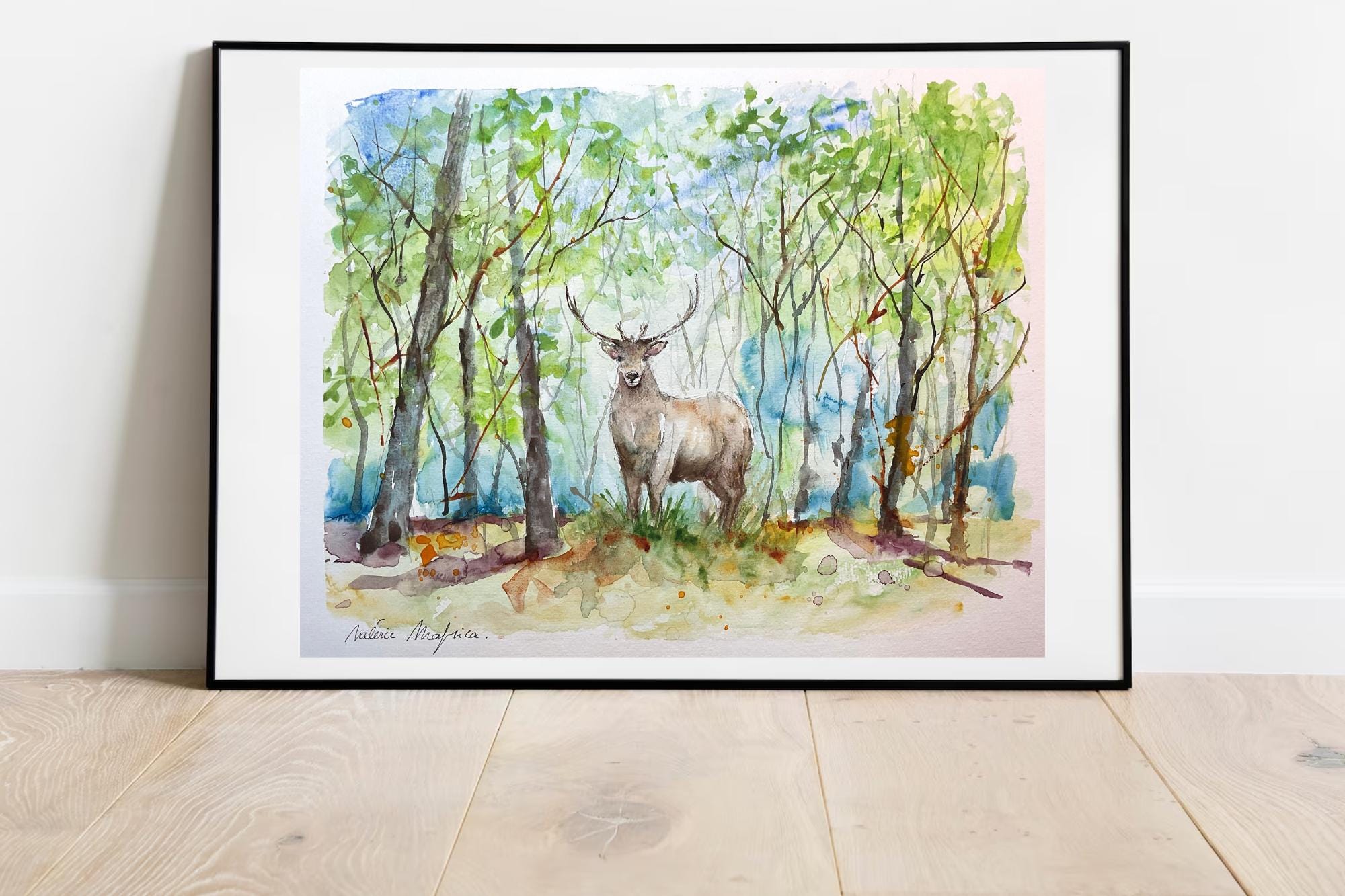 水彩画「鹿」 鹿のオリジナル絵画、森の鹿の水彩画、鹿の壁アート、森の野生動物の