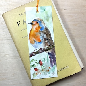 Marcapáginas de petirrojo en acuarela, pintura de pájaro en un marcapáginas, regalo para un lector, marcapáginas hecho a mano con ilustración de pájaro, petirrojo
