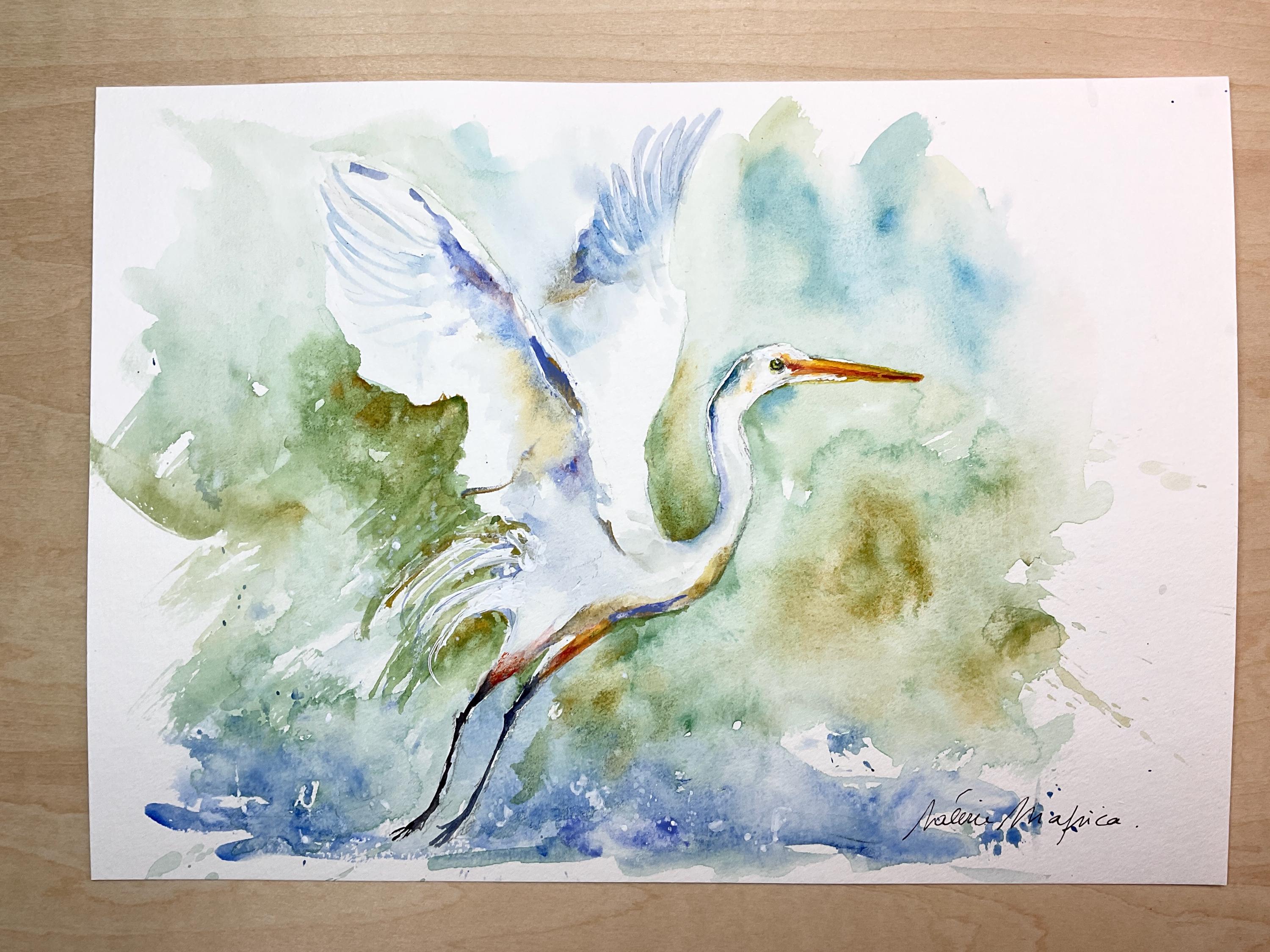 オリジナルの水彩画に描かれた白い白鷺、湖の上を飛ぶ雄大で優雅な白い