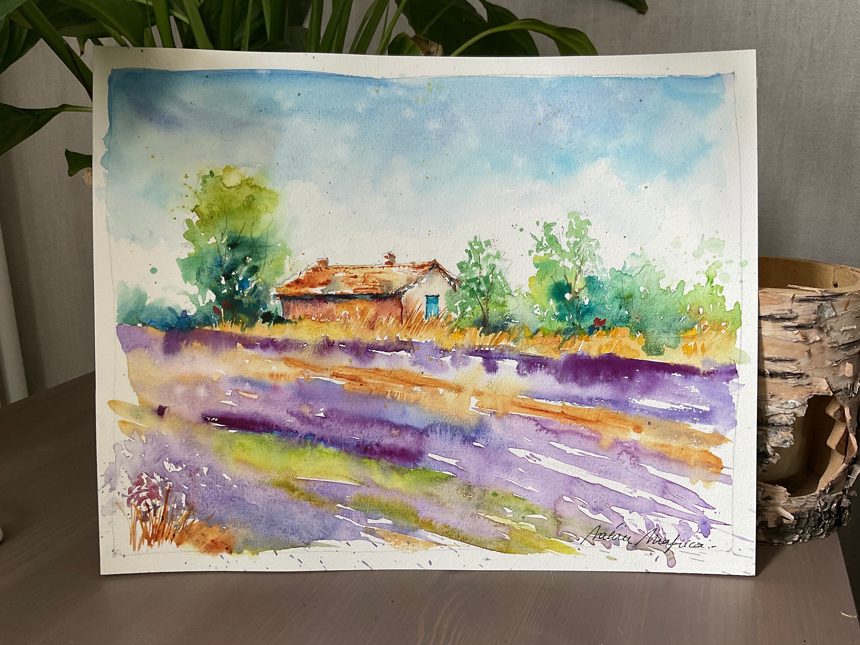 ラベンダー畑の水彩画、プロヴァンスの風景画の原画、田舎の夏の藤色の
