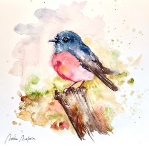 Dipinto ad acquerello – Miro Incarnat, adorabile uccello australiano rosa e verde per una decorazione morbida e poetica - arte murale originale
