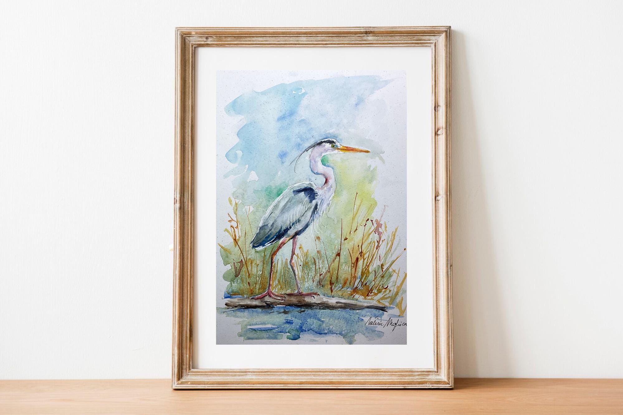 アオサギ油彩画 アオサギの絵画、アオサギのオリジナル水彩画、沼地や池の水鳥の絵画