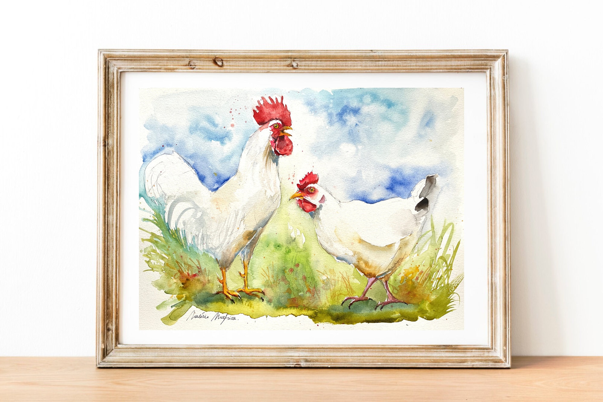 水彩画「おし鳥夫婦」 白い雌鶏と雄鶏の絵、カップルのオリジナルの水彩画、農場の家禽の本物