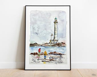 漁船と灯台、オリジナルの水彩画で描かれたブルターニュ地方のイル
