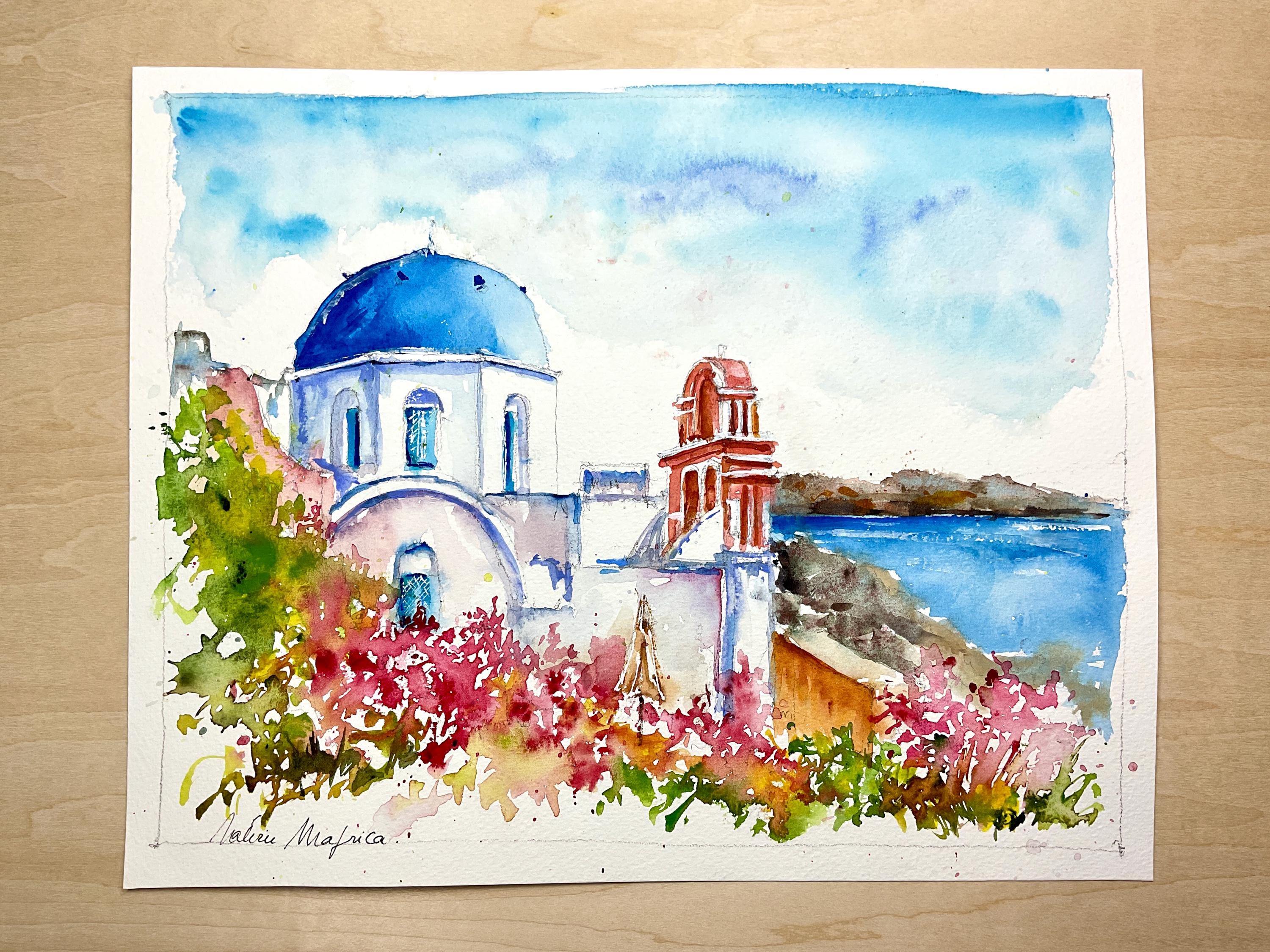 ギリシャのサントリーニ島の典型的な風景画。青いドームを描いた