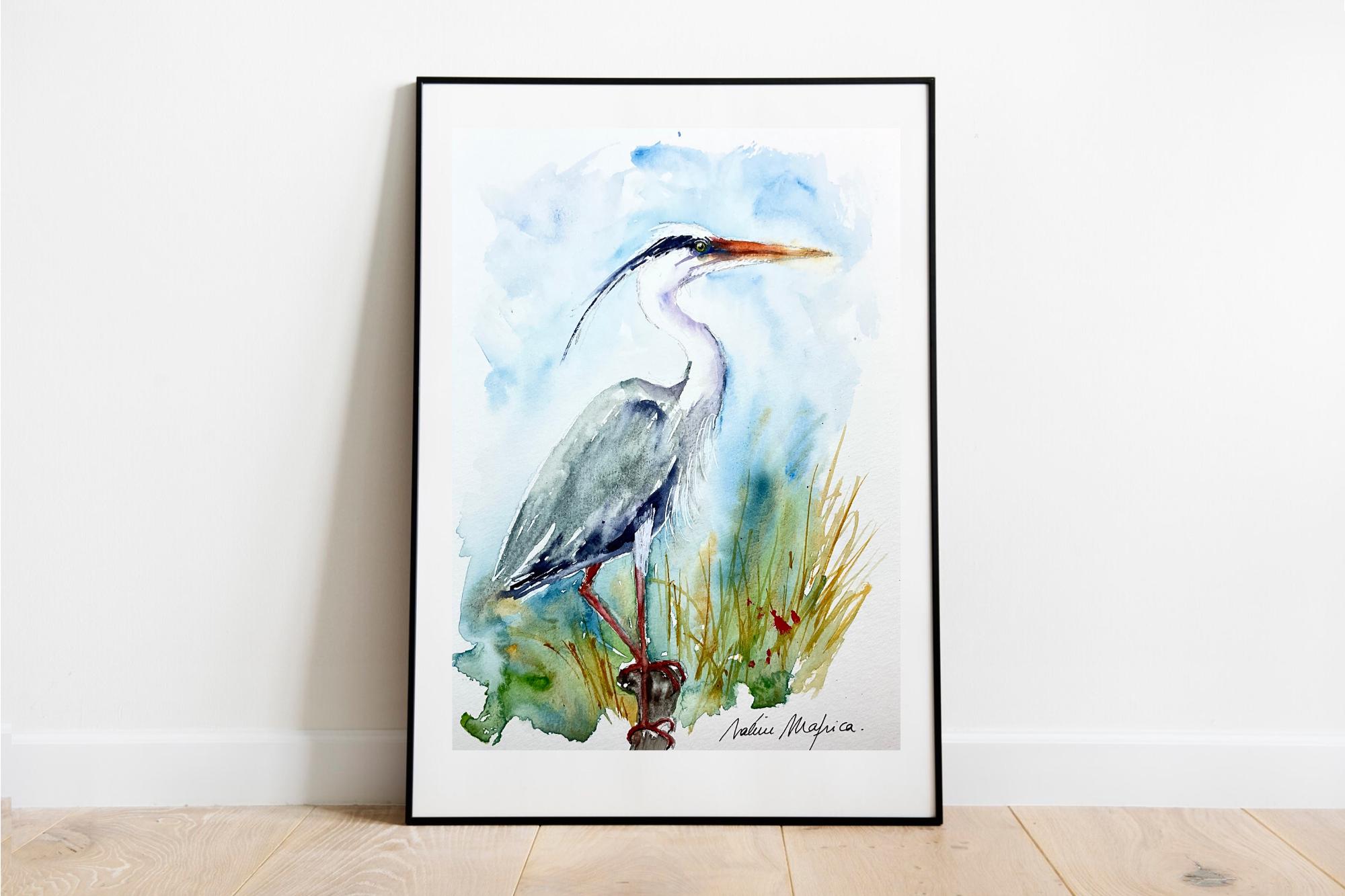 アオサギの絵画、アオサギのオリジナル水彩画、沼地や池の水鳥の絵画