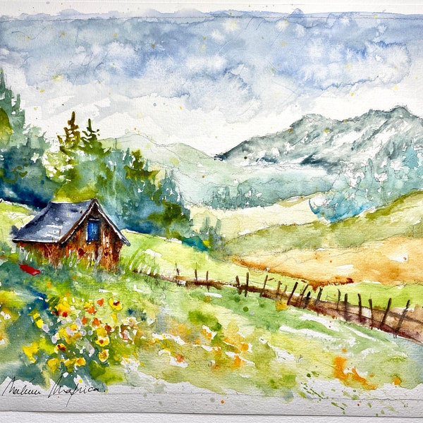 Original watercolor mountain landscape in summer, pine mountain pastures and rocky peaks, chalet refuge and little village in the Swiss Alps