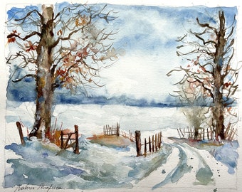 Original painting of countryside landscape under the snow, watercolor painting of a path under the trees in winter, tranquility and silence