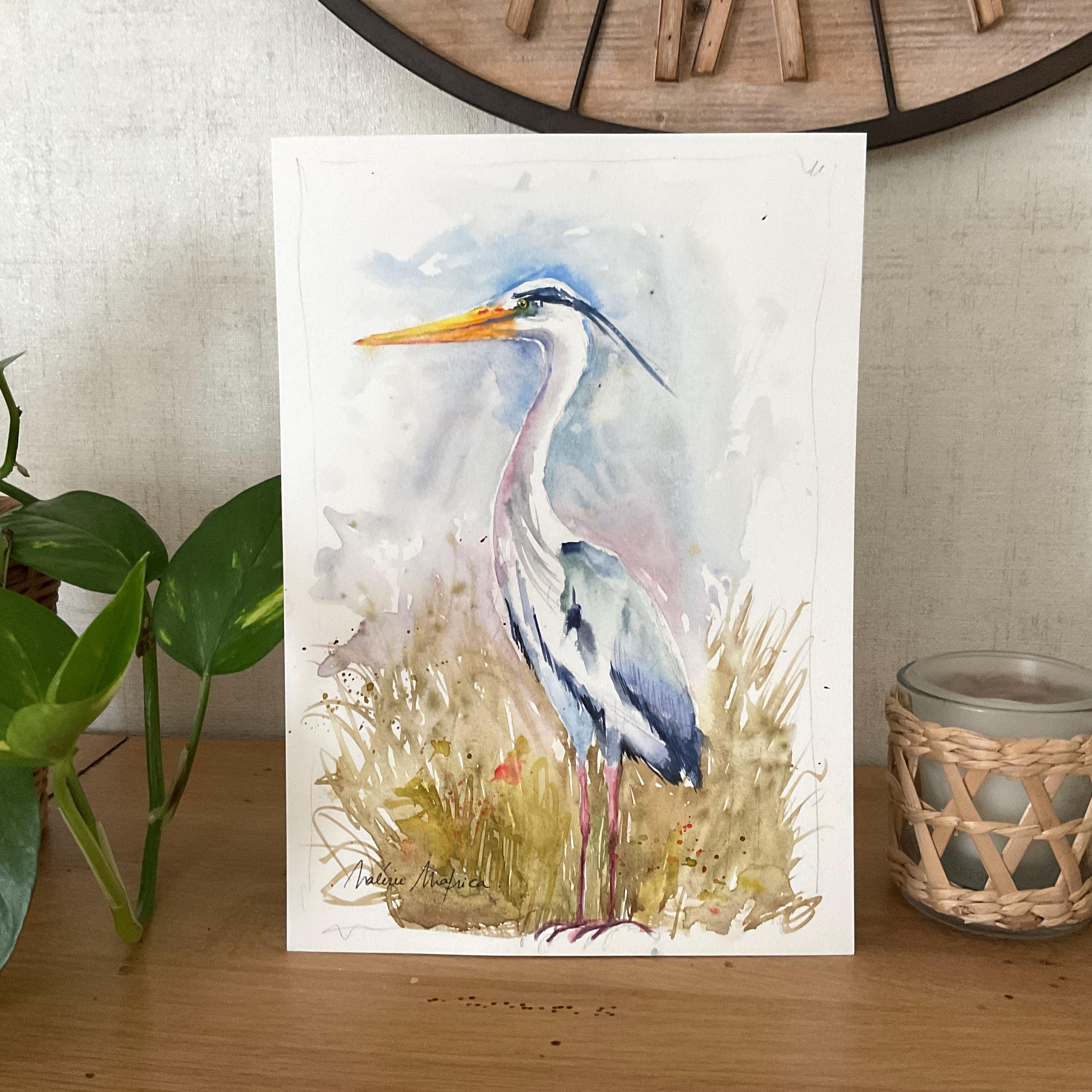 アオサギの絵画、アオサギのオリジナル水彩画、沼地や池の水鳥の絵画