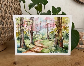 水彩画の春の森の風景、明るい下草のオリジナル絵画、緑の森の壁の装飾