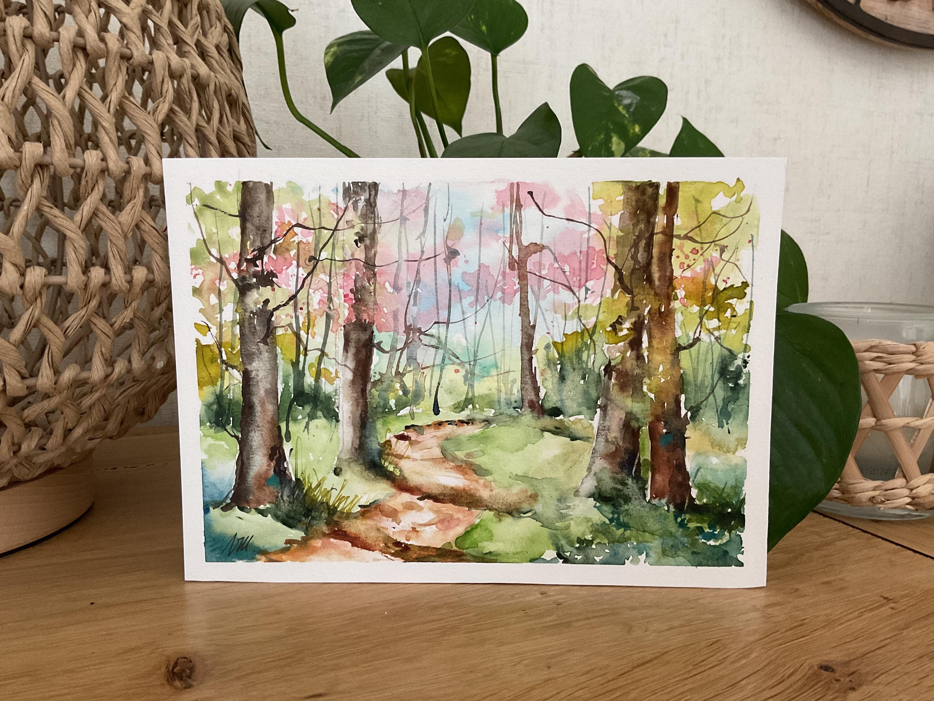 水彩画の春の森の風景、明るい下草のオリジナル絵画、緑の森の壁の装飾