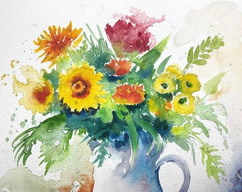 秋の花ホオズキとカボチャの花束の水彩画の原画、秋の静物画と庭からの