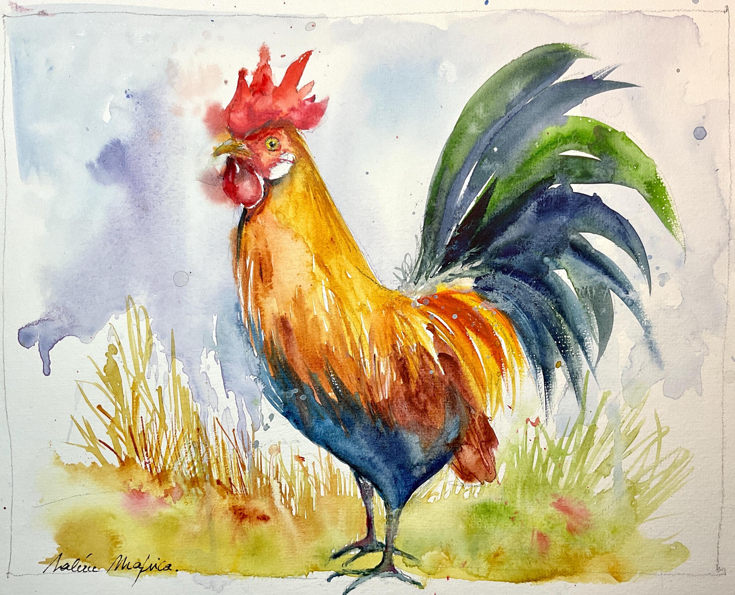 鶏の絵、農場の王のオリジナルの水彩画、田舎風の壁の装飾、鶏ファンへ